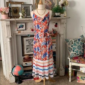 Tea length floral + stripes sun dress